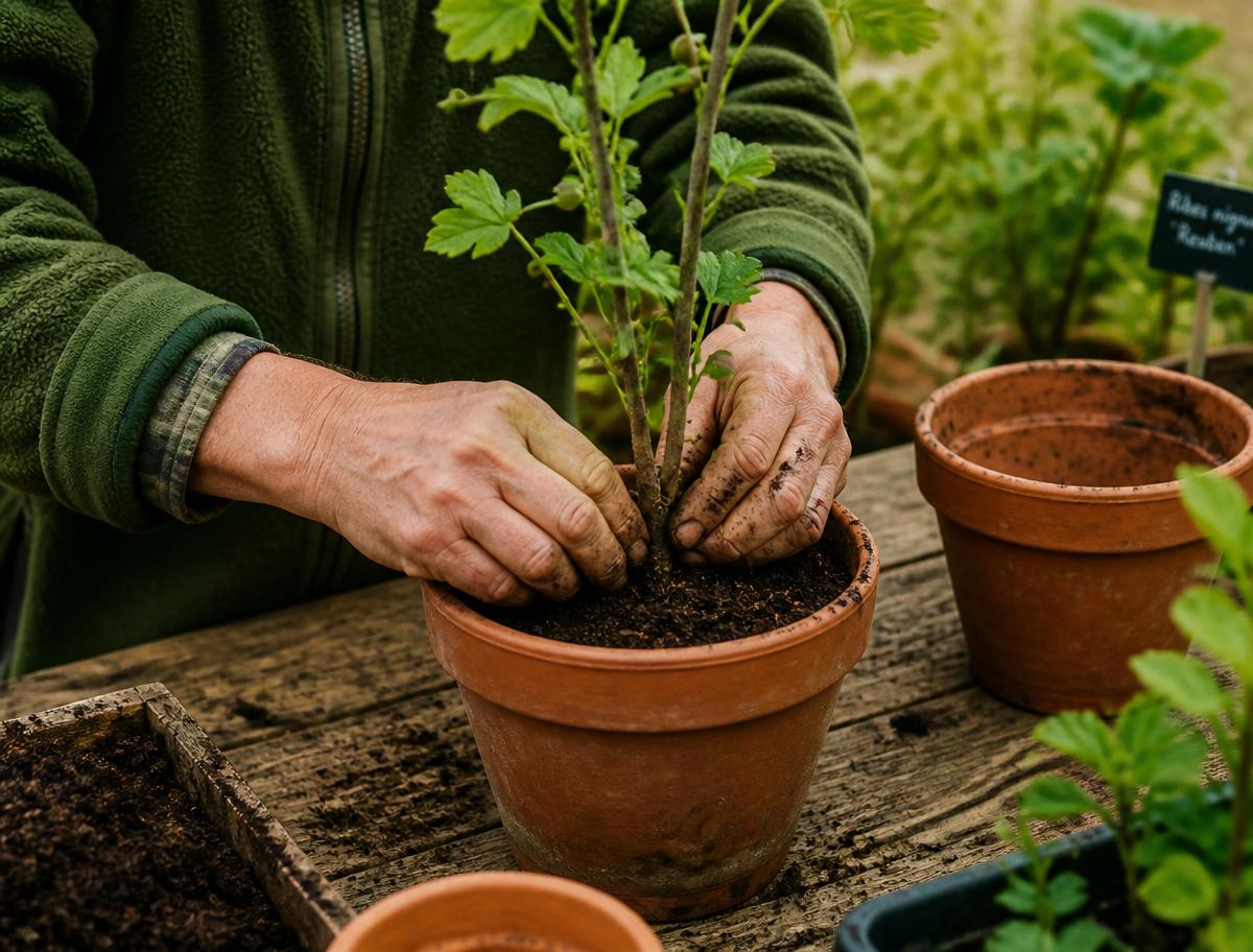 Eintopfen eines jungen Beerenstrauchs in der Gärtnerei feine Pflanzen